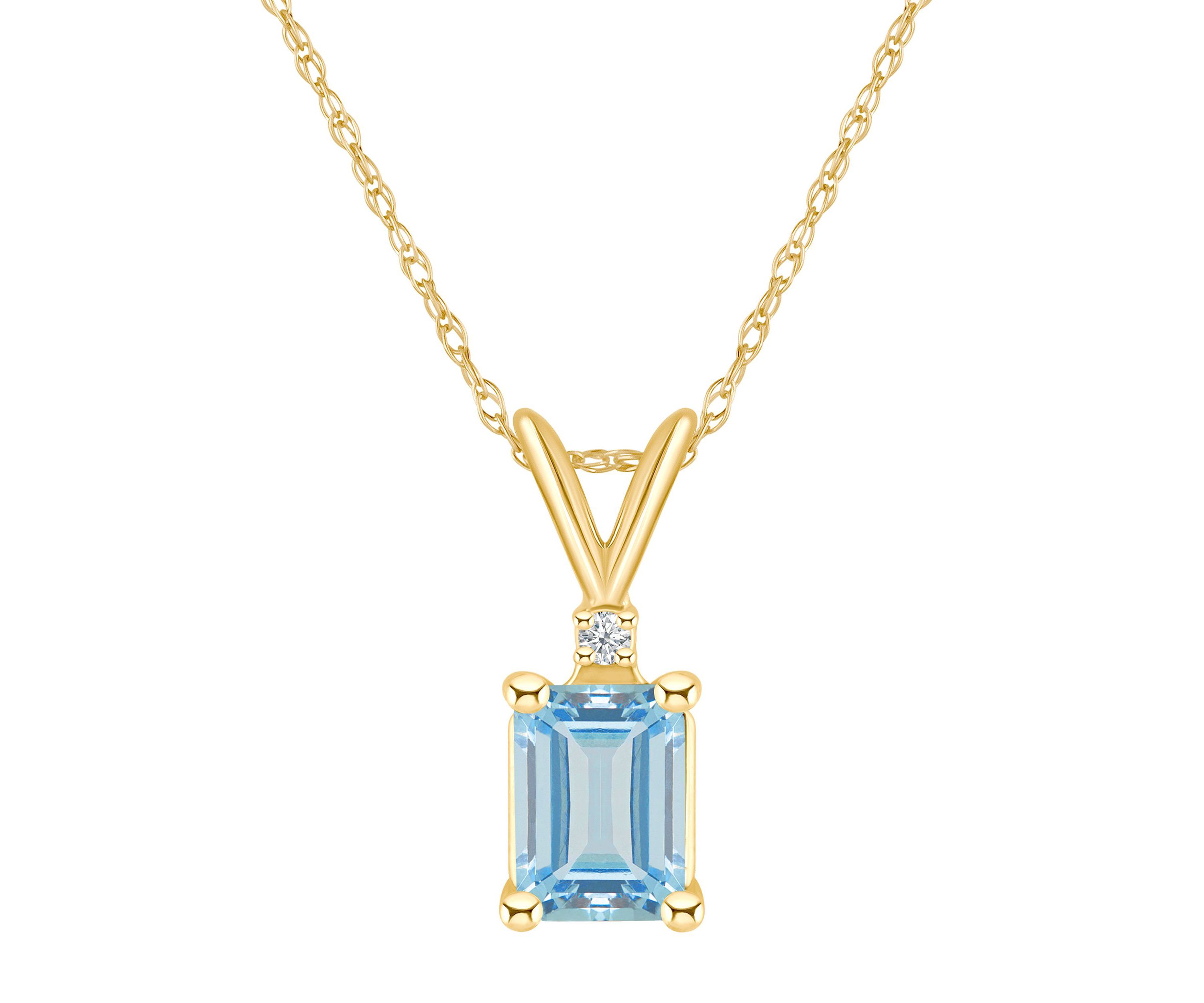 14K Gold 7x5 Emerald Cut Aquamarine Diamond Accent Pendant