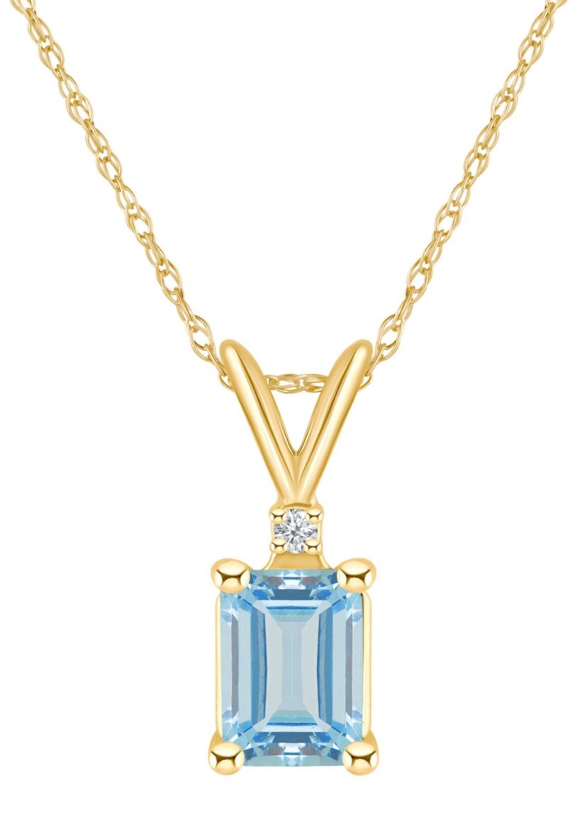 14K Gold 7x5 Emerald Cut Aquamarine Diamond Accent Pendant