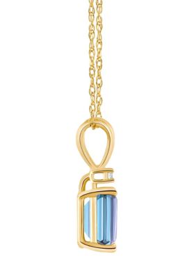 14K Gold 7x5 Emerald Cut Aquamarine Diamond Accent Pendant