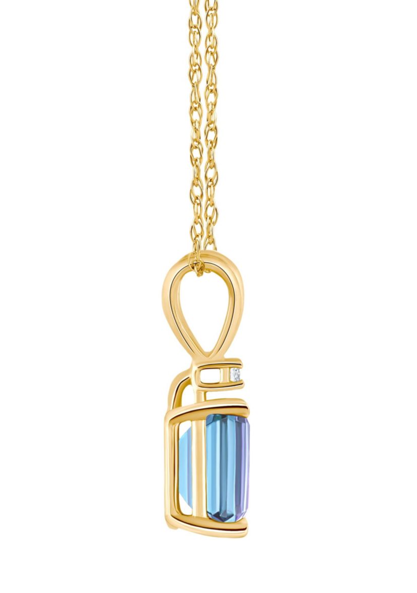 14K Gold 7x5 Emerald Cut Aquamarine Diamond Accent Pendant