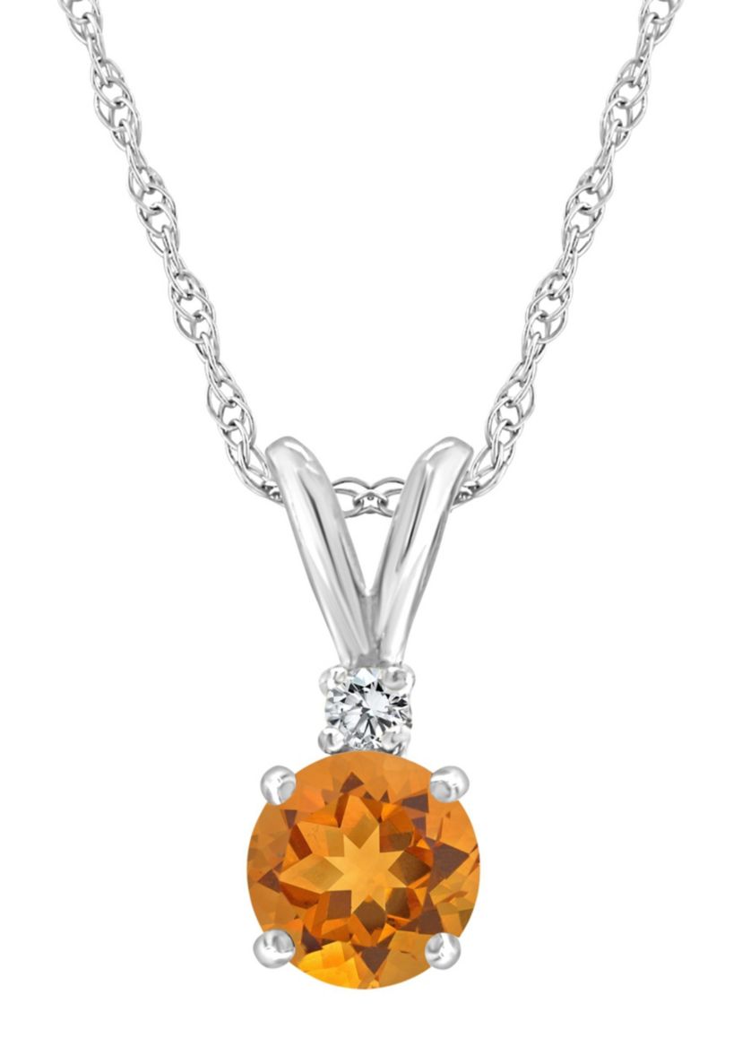 14K Gold 5mm Round Citrine Diamond Accent Pendant