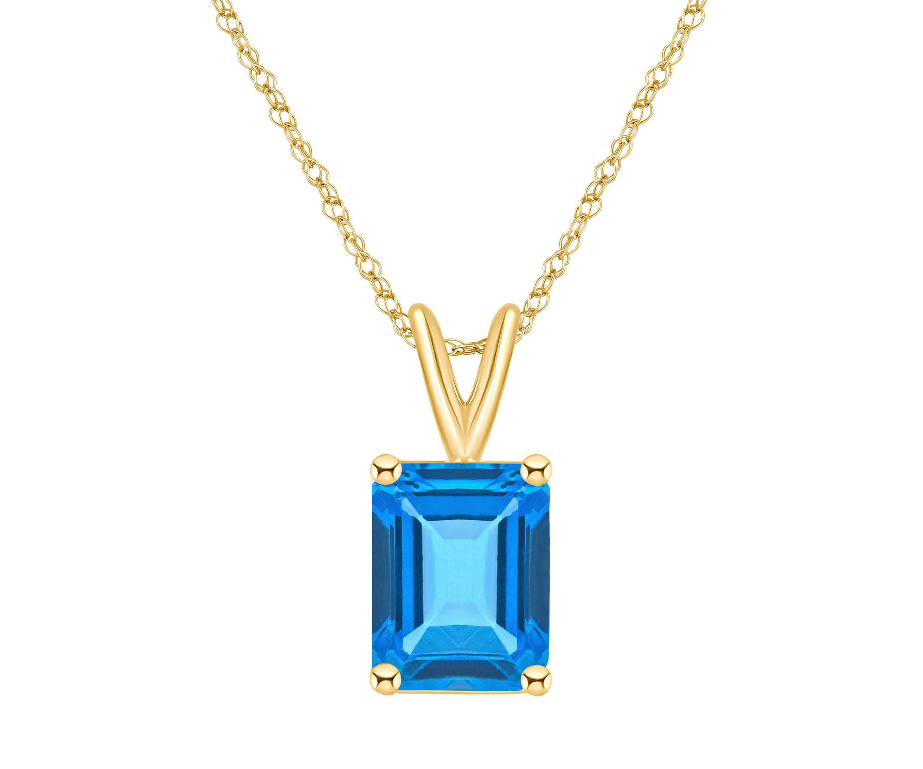 14K Gold 10x8 Emerald Cut Blue Topaz Pendant