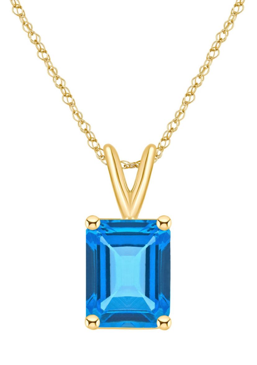 14K Gold 10x8 Emerald Cut Blue Topaz Pendant