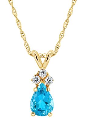 14K Gold 7x5 Pear Shape Blue Topaz Diamond Accent Pendant