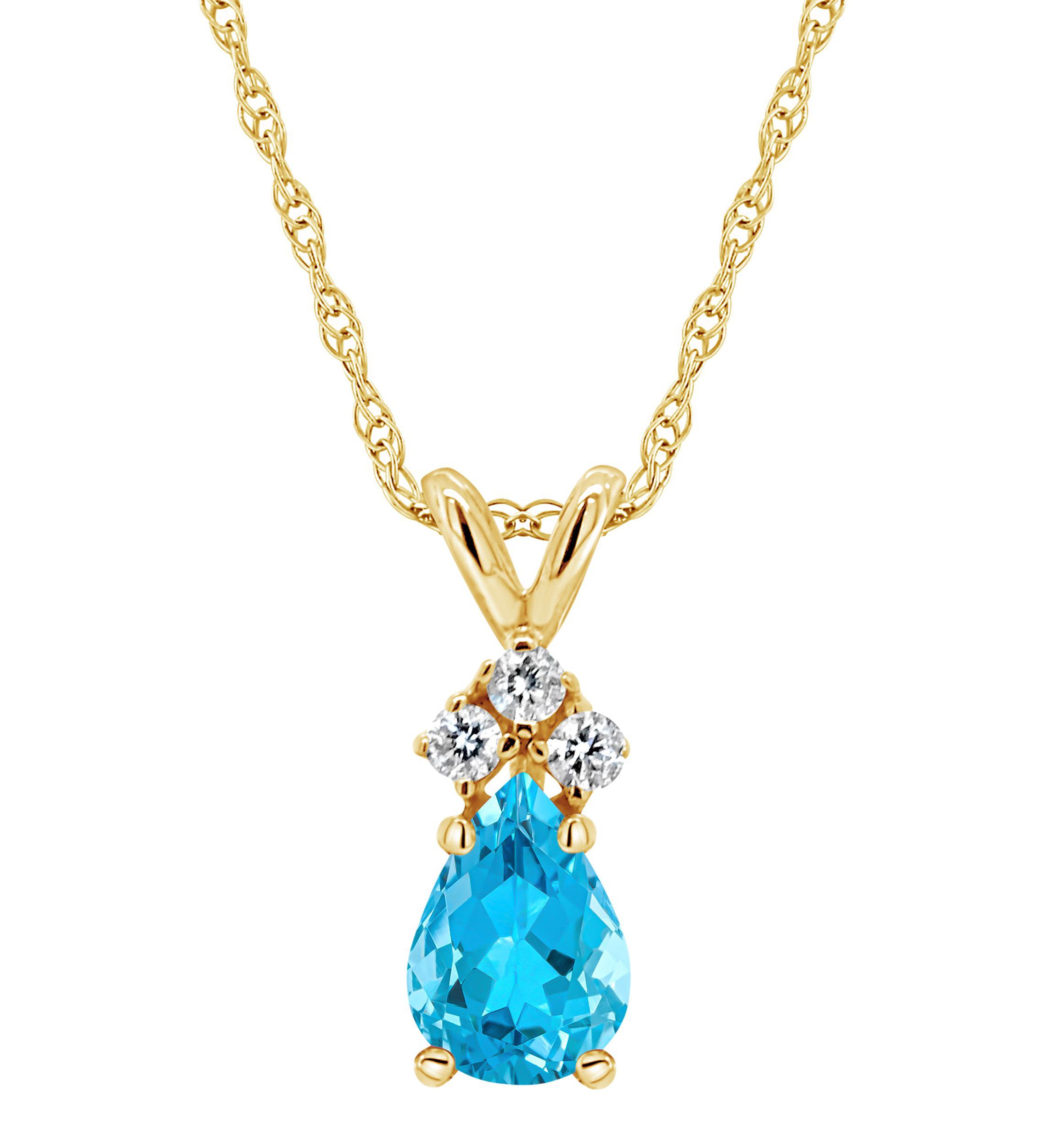 14K Gold 7x5 Pear Shape Blue Topaz Diamond Accent Pendant