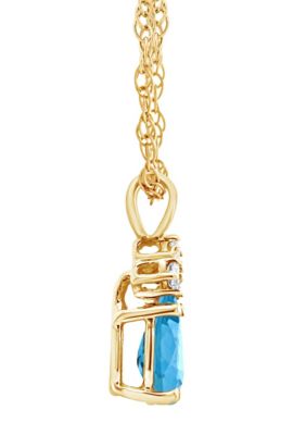 14K Gold 7x5 Pear Shape Blue Topaz Diamond Accent Pendant