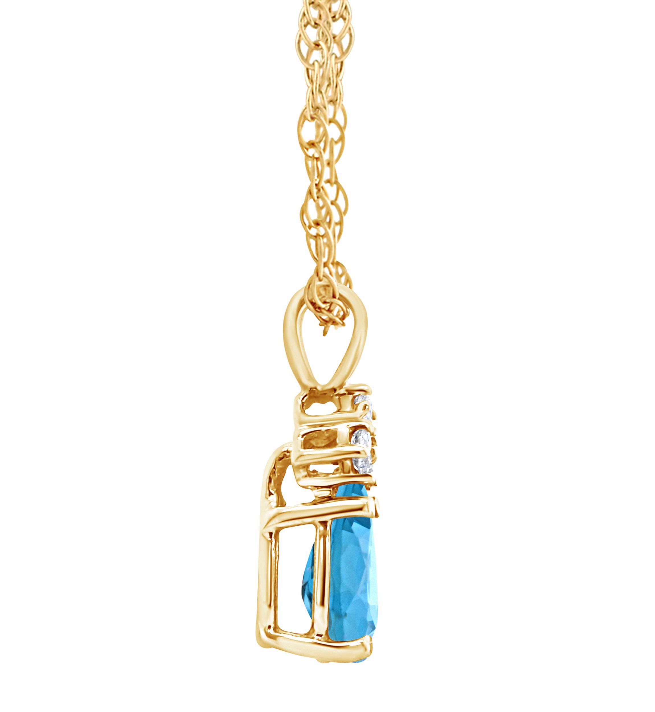 14K Gold 7x5 Pear Shape Blue Topaz Diamond Accent Pendant