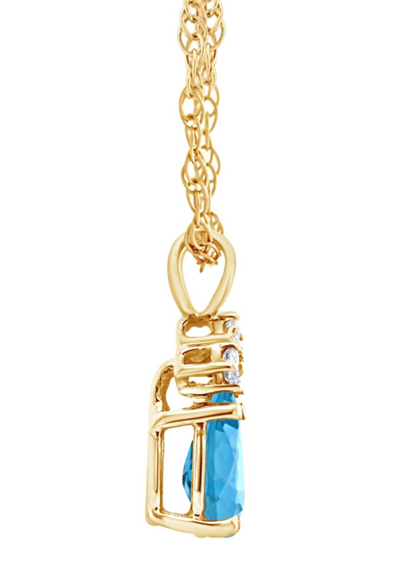 14K Gold 7x5 Pear Shape Blue Topaz Diamond Accent Pendant