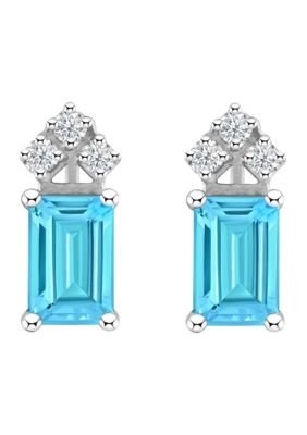 14K Gold 6x4 Emerald Cut Blue Topaz 1/8 Cttw Diamond Earrings