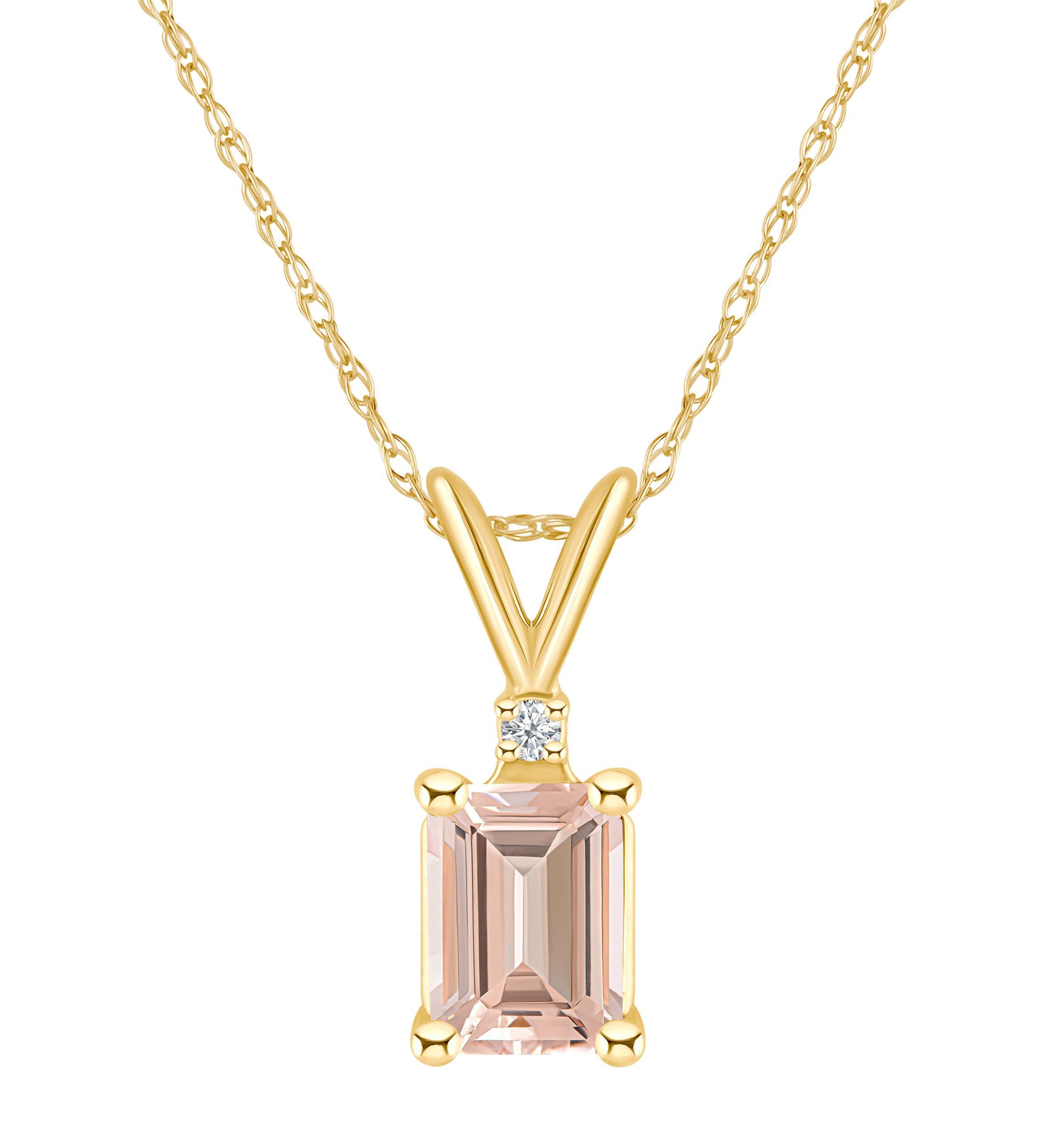 14K Gold 7x5 Emerald Cut Morganite Diamond Accent Pendant