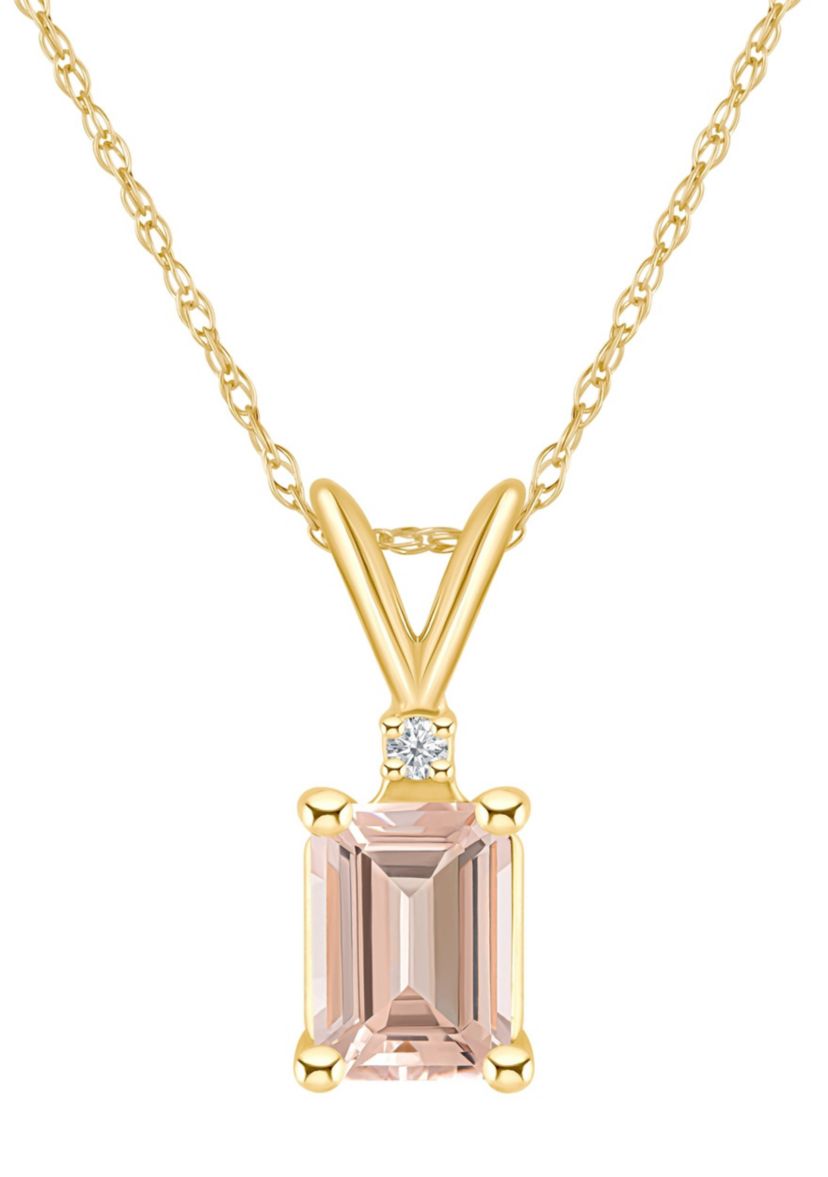 14K Gold 7x5 Emerald Cut Morganite Diamond Accent Pendant