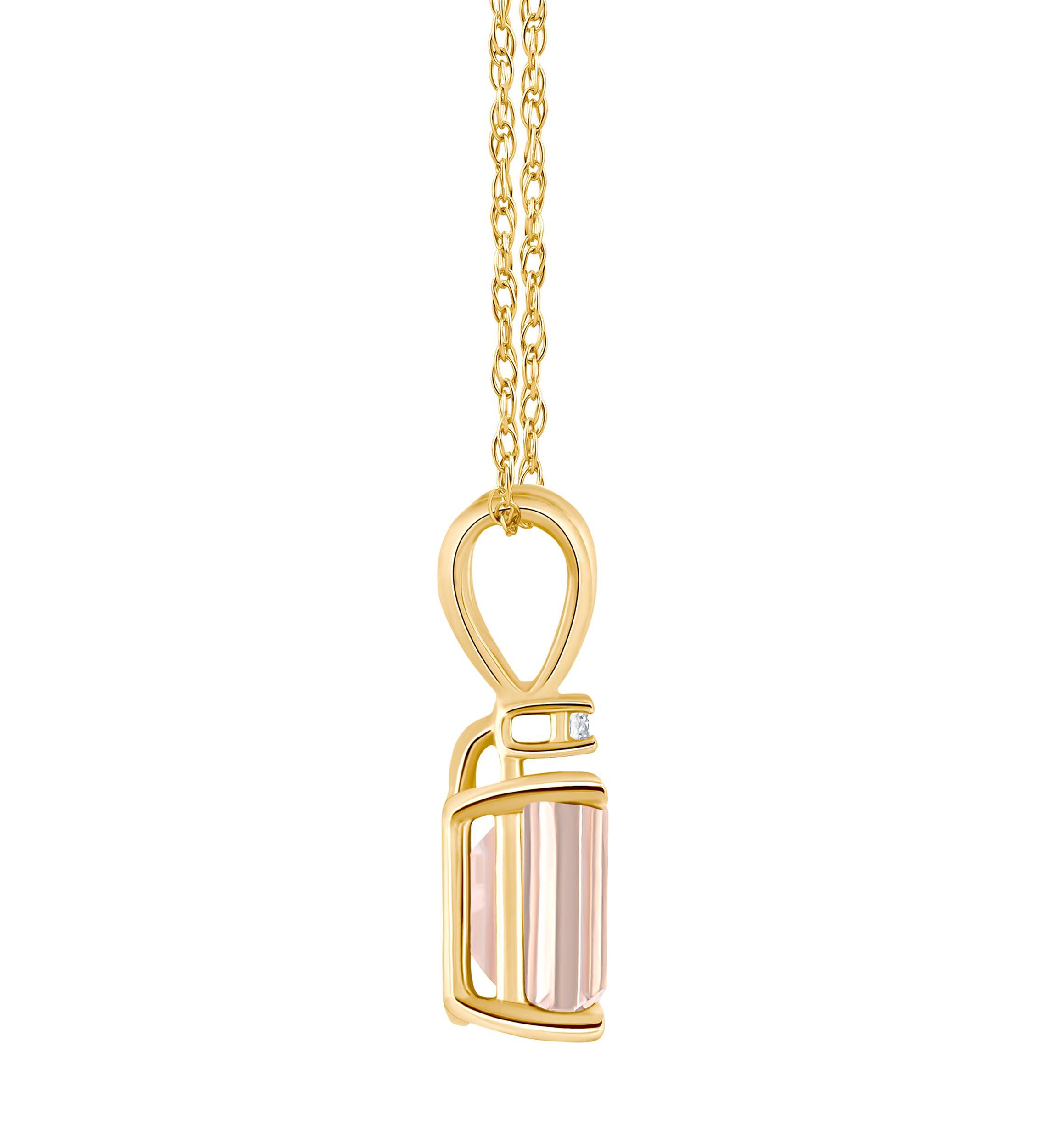 14K Gold 7x5 Emerald Cut Morganite Diamond Accent Pendant
