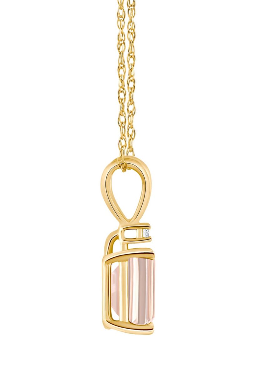 14K Gold 7x5 Emerald Cut Morganite Diamond Accent Pendant