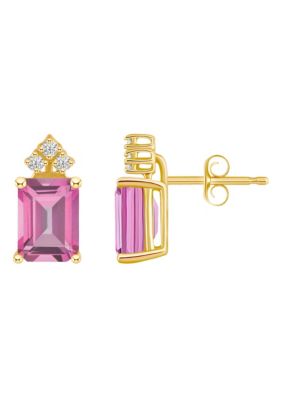 14K Gold 8x6 Emerald Cut Pink Topaz 1/8 Cttw Diamond Earrings