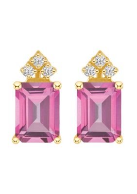 14K Gold 8x6 Emerald Cut Pink Topaz 1/8 Cttw Diamond Earrings