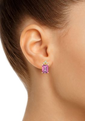 14K Gold 8x6 Emerald Cut Pink Topaz 1/8 Cttw Diamond Earrings