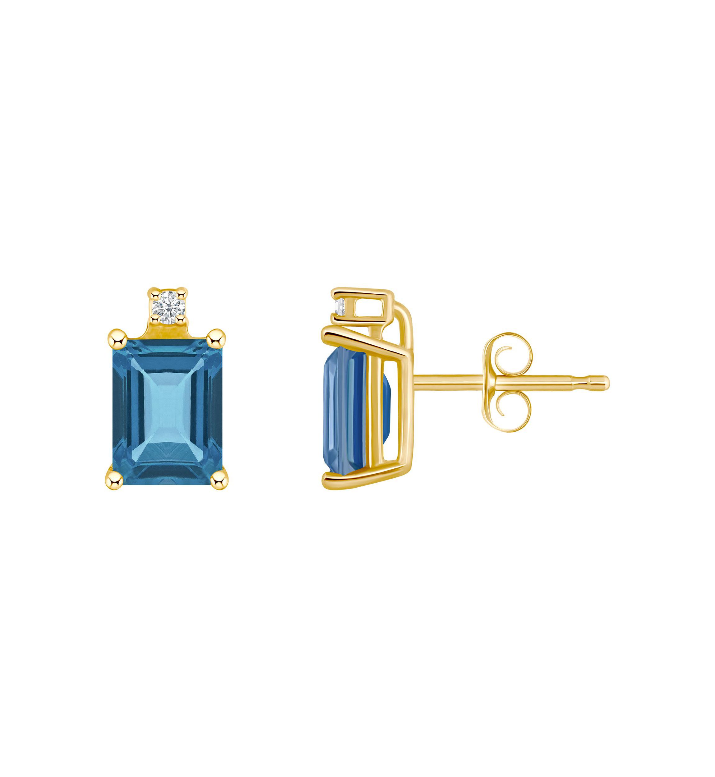 14K Gold 6x4 Emerald Cut London Blue Topaz Diamond Accent Earrings