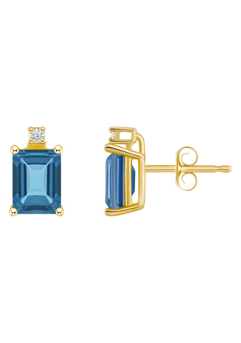 14K Gold 6x4 Emerald Cut London Blue Topaz Diamond Accent Earrings