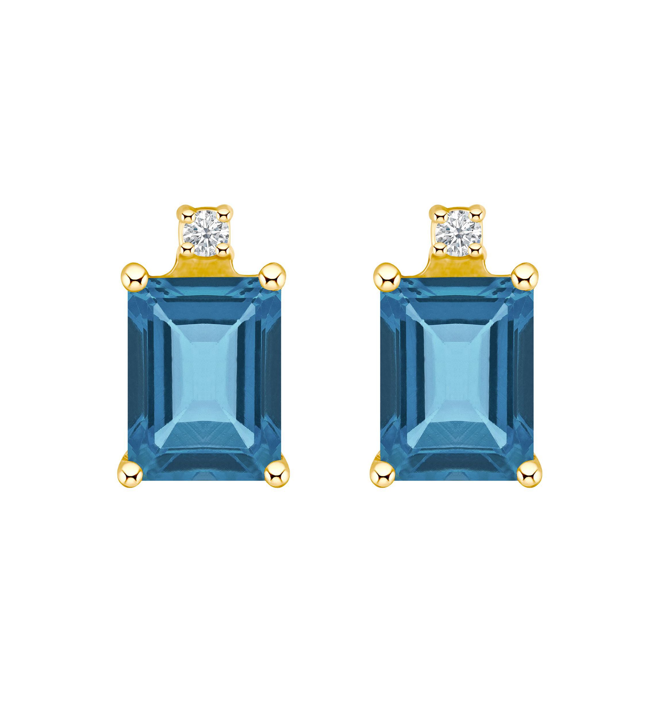 14K Gold 6x4 Emerald Cut London Blue Topaz Diamond Accent Earrings
