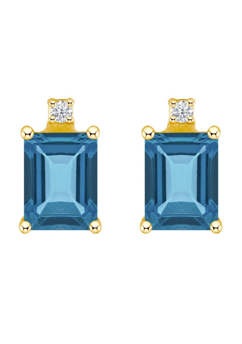 14K Gold 6x4 Emerald Cut London Blue Topaz Diamond Accent Earrings
