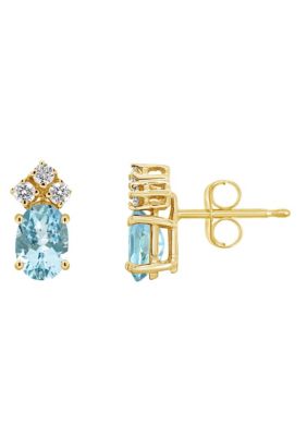 14K Gold 6x4 Oval Aquamarine 1/8 Cttw Diamond Earrings