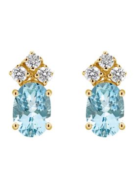 14K Gold 6x4 Oval Aquamarine 1/8 Cttw Diamond Earrings