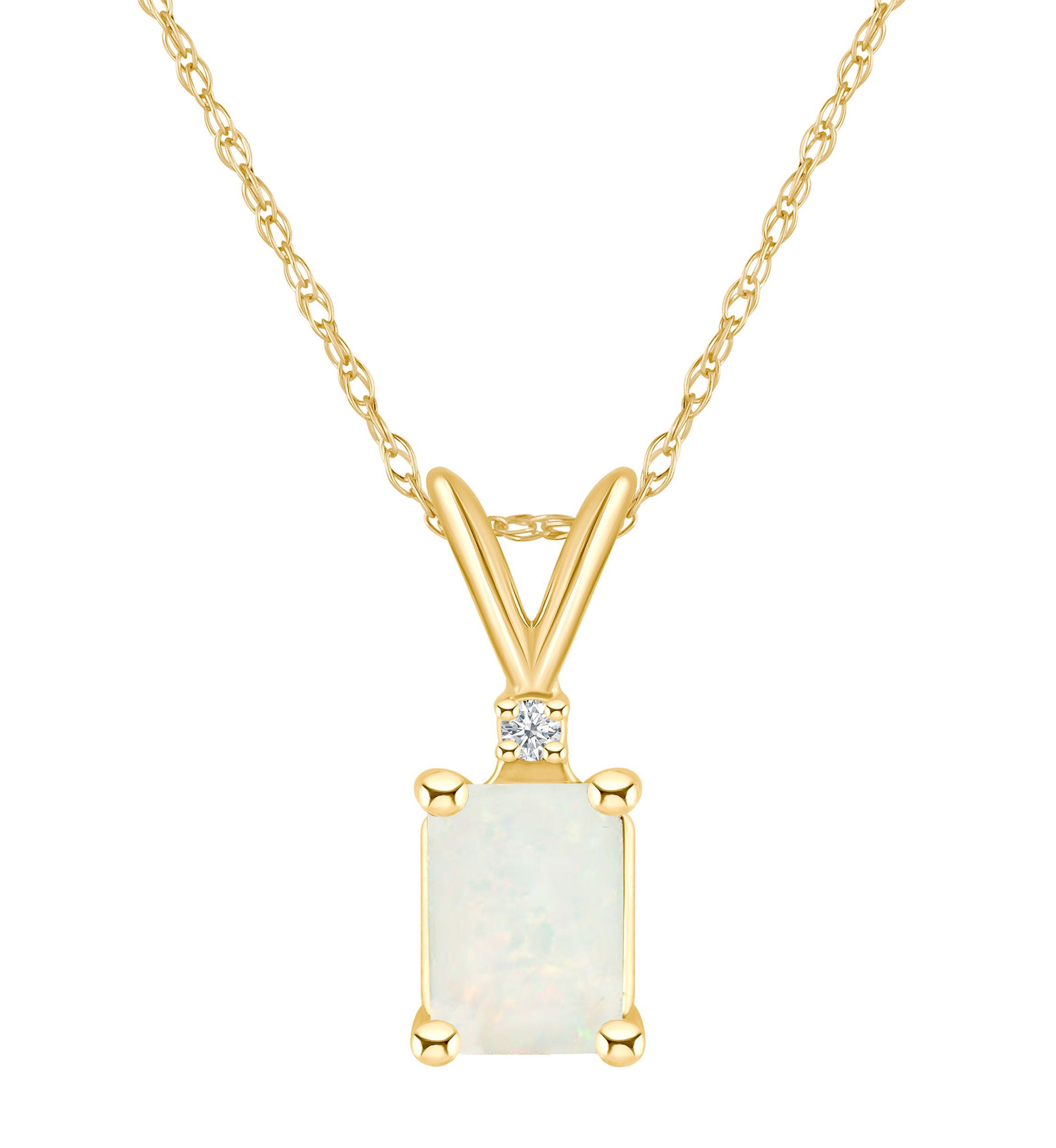 14K Gold 7x5 Emerald Cut Opal Diamond Accent Pendant