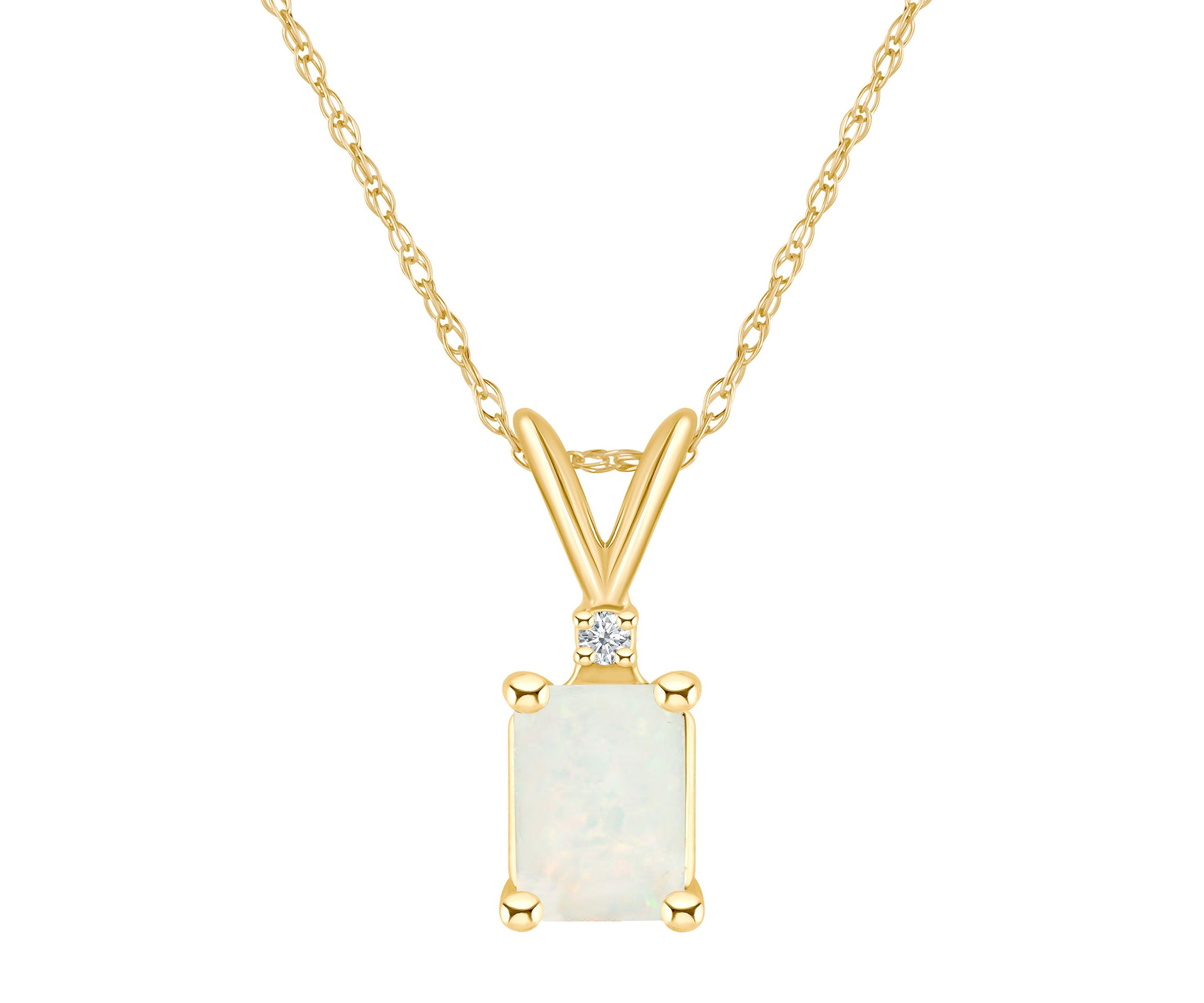 14K Gold 7x5 Emerald Cut Opal Diamond Accent Pendant