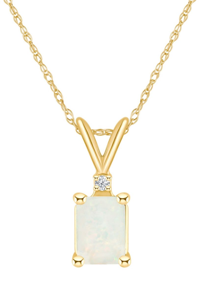 14K Gold 7x5 Emerald Cut Opal Diamond Accent Pendant