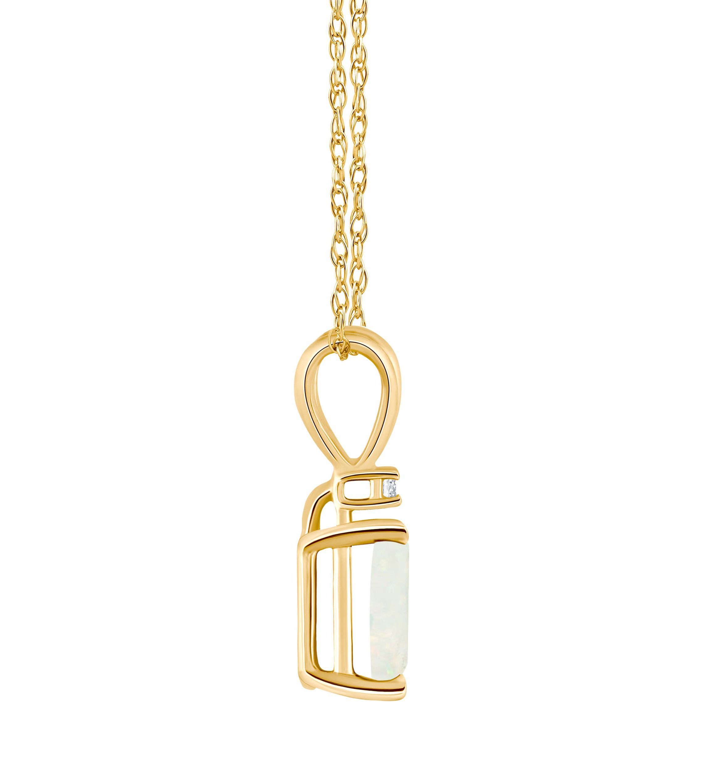 14K Gold 7x5 Emerald Cut Opal Diamond Accent Pendant