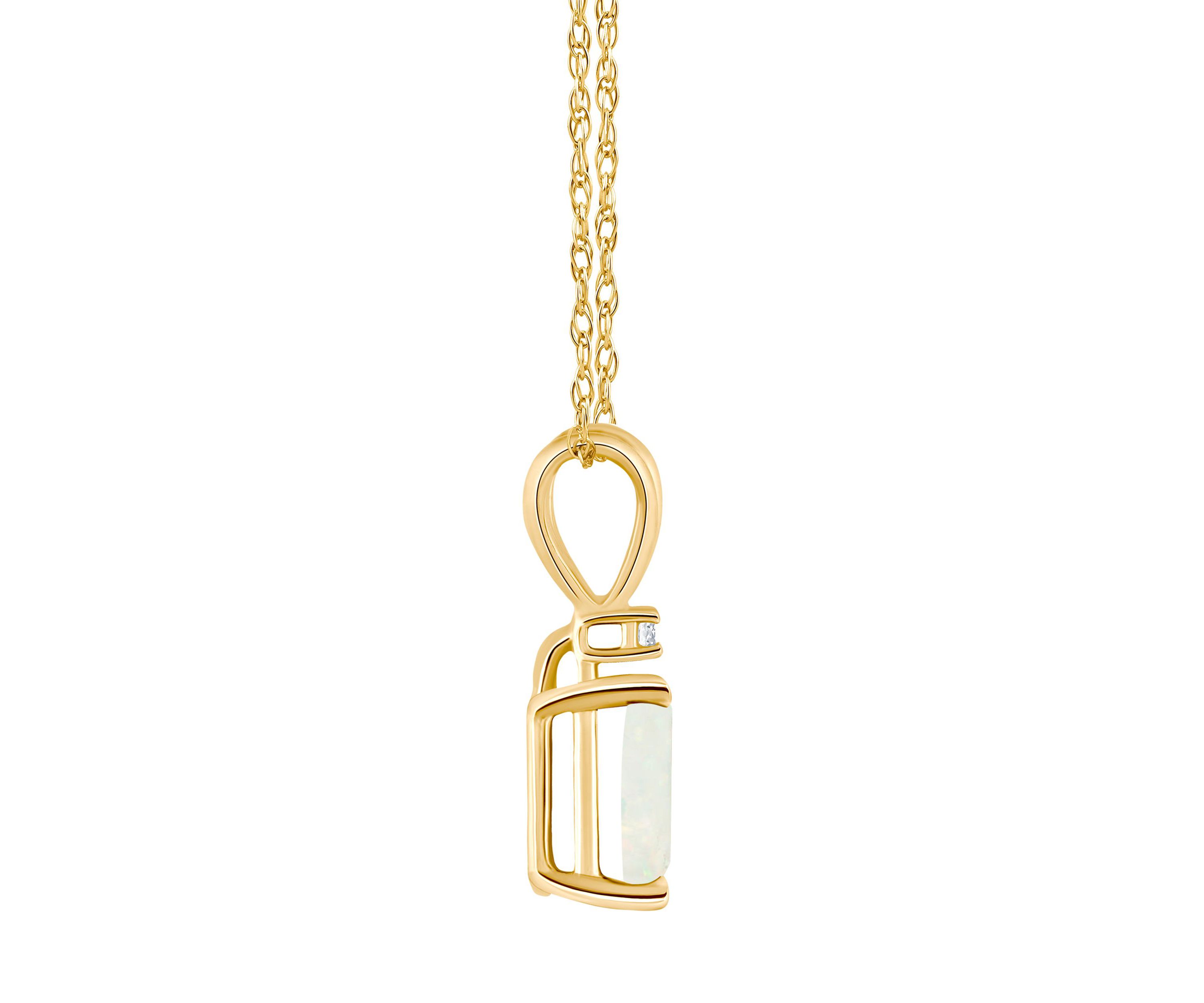 14K Gold 7x5 Emerald Cut Opal Diamond Accent Pendant