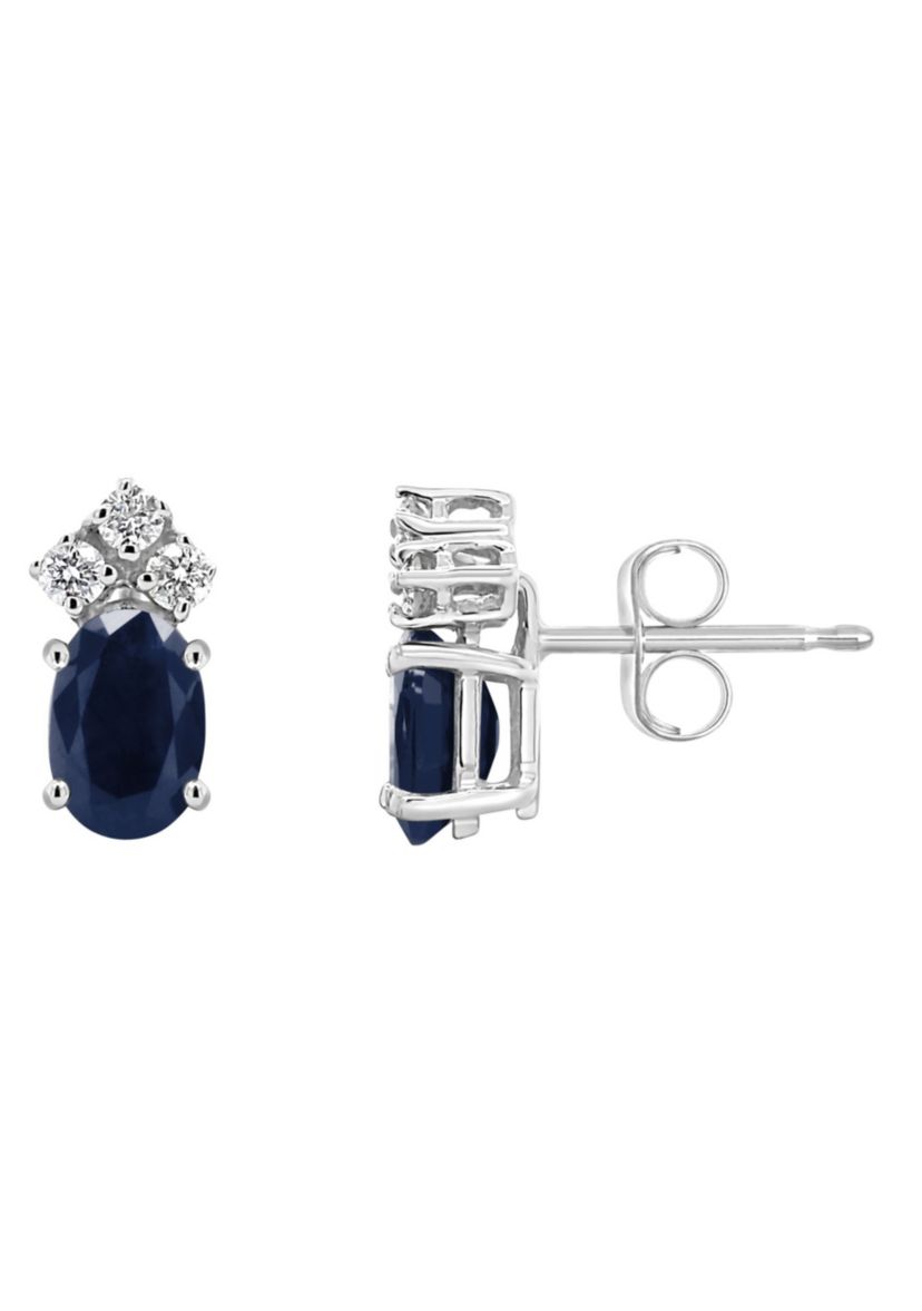 14K Gold 6x4 Oval Sapphire 1/8 Cttw Diamond Earrings