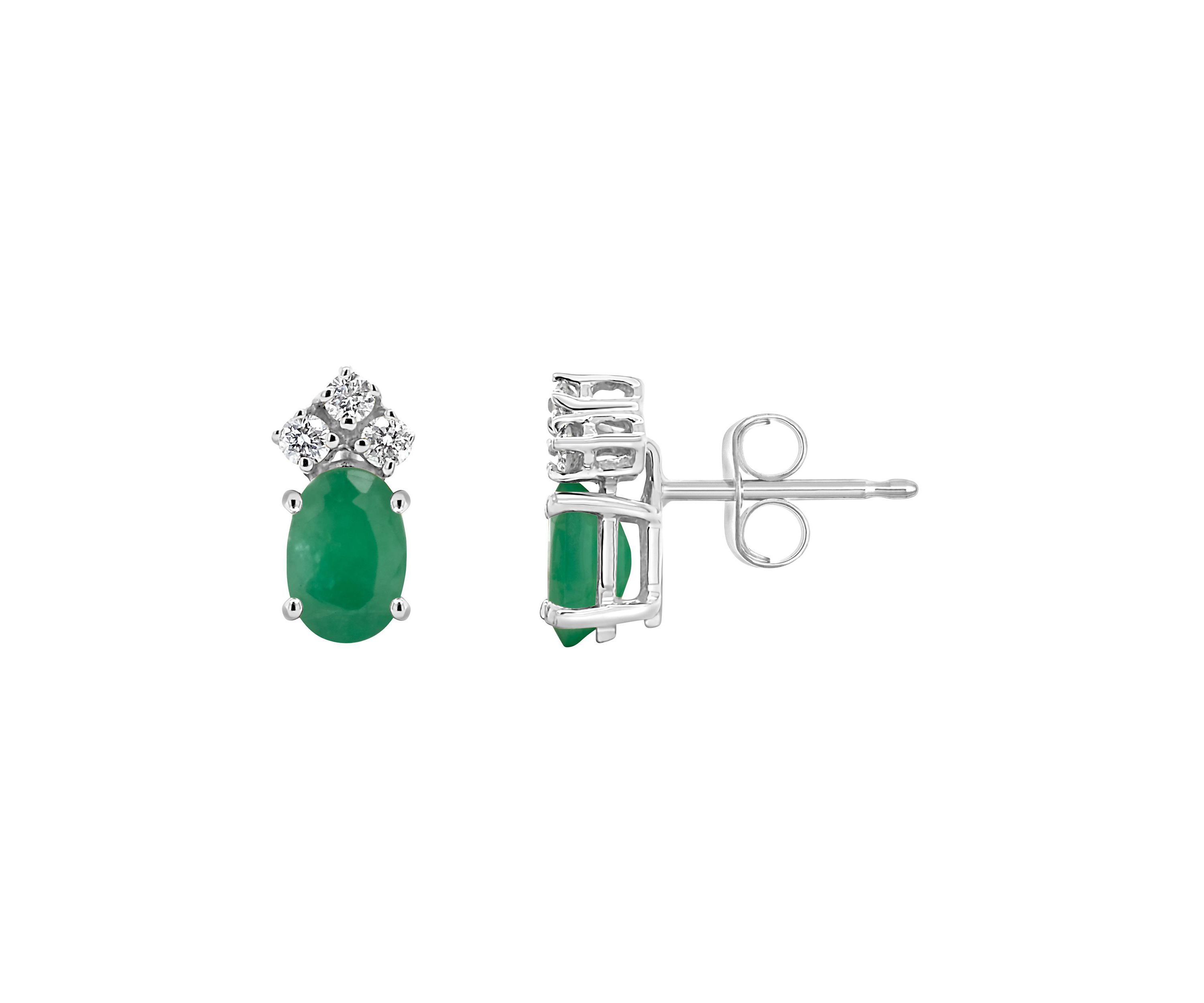 14K Gold 6x4 Oval Emerald 1/8 Cttw Diamond Earrings
