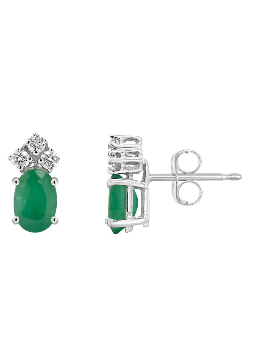 14K Gold 6x4 Oval Emerald 1/8 Cttw Diamond Earrings