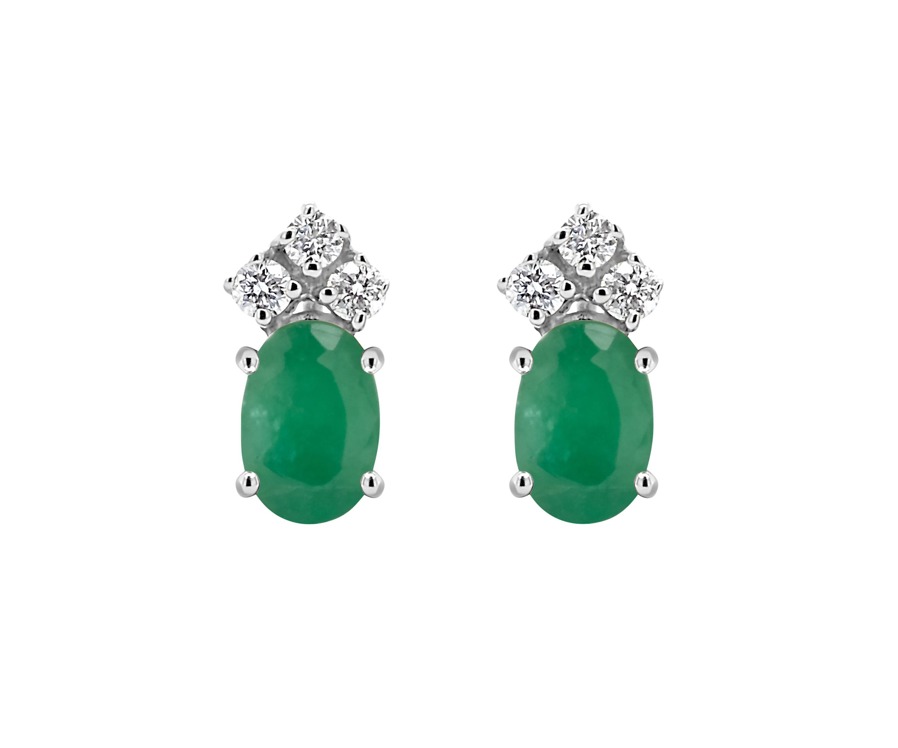14K Gold 6x4 Oval Emerald 1/8 Cttw Diamond Earrings