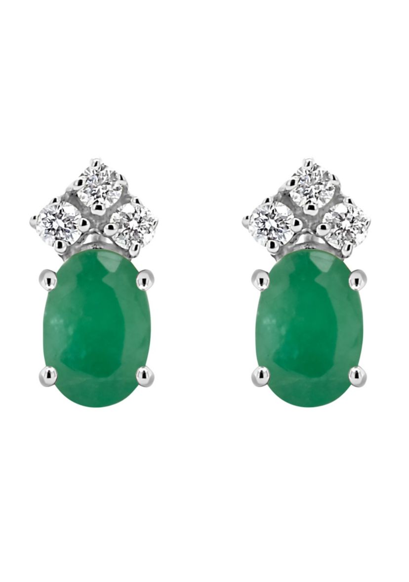 14K Gold 6x4 Oval Emerald 1/8 Cttw Diamond Earrings