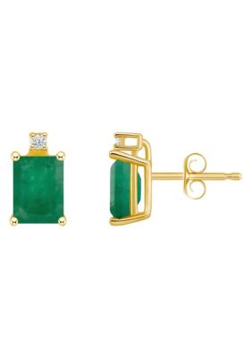 14K Gold 6x4 Emerald Cut Emerald Diamond Accent Earrings