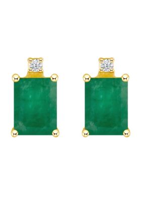 14K Gold 6x4 Emerald Cut Emerald Diamond Accent Earrings