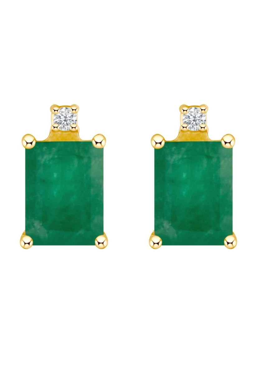 14K Gold 6x4 Emerald Cut Emerald Diamond Accent Earrings