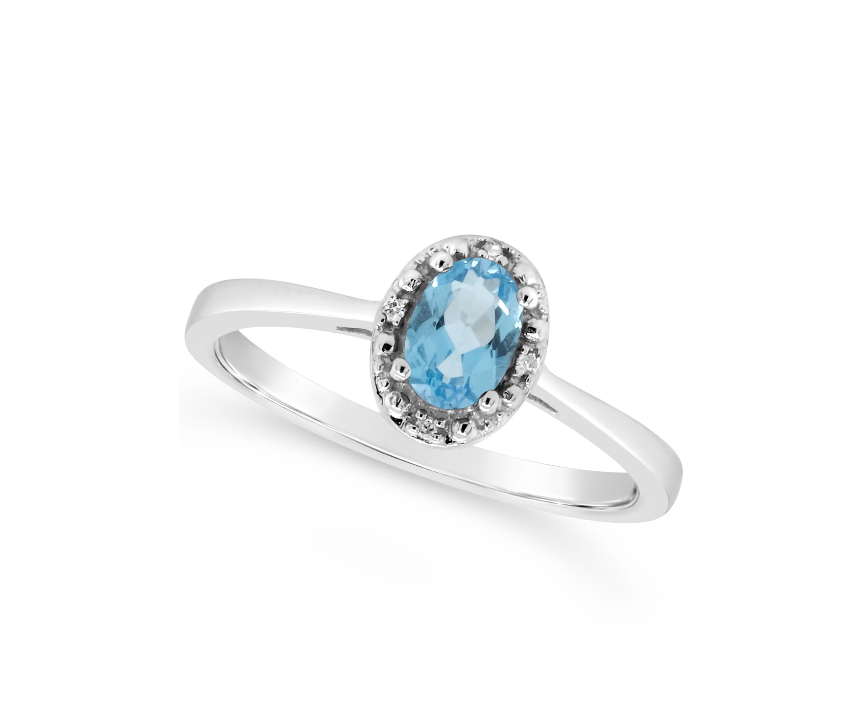 Sterling Silver 6x4mm Oval Blue Topaz Diamond Accent Halo Ring