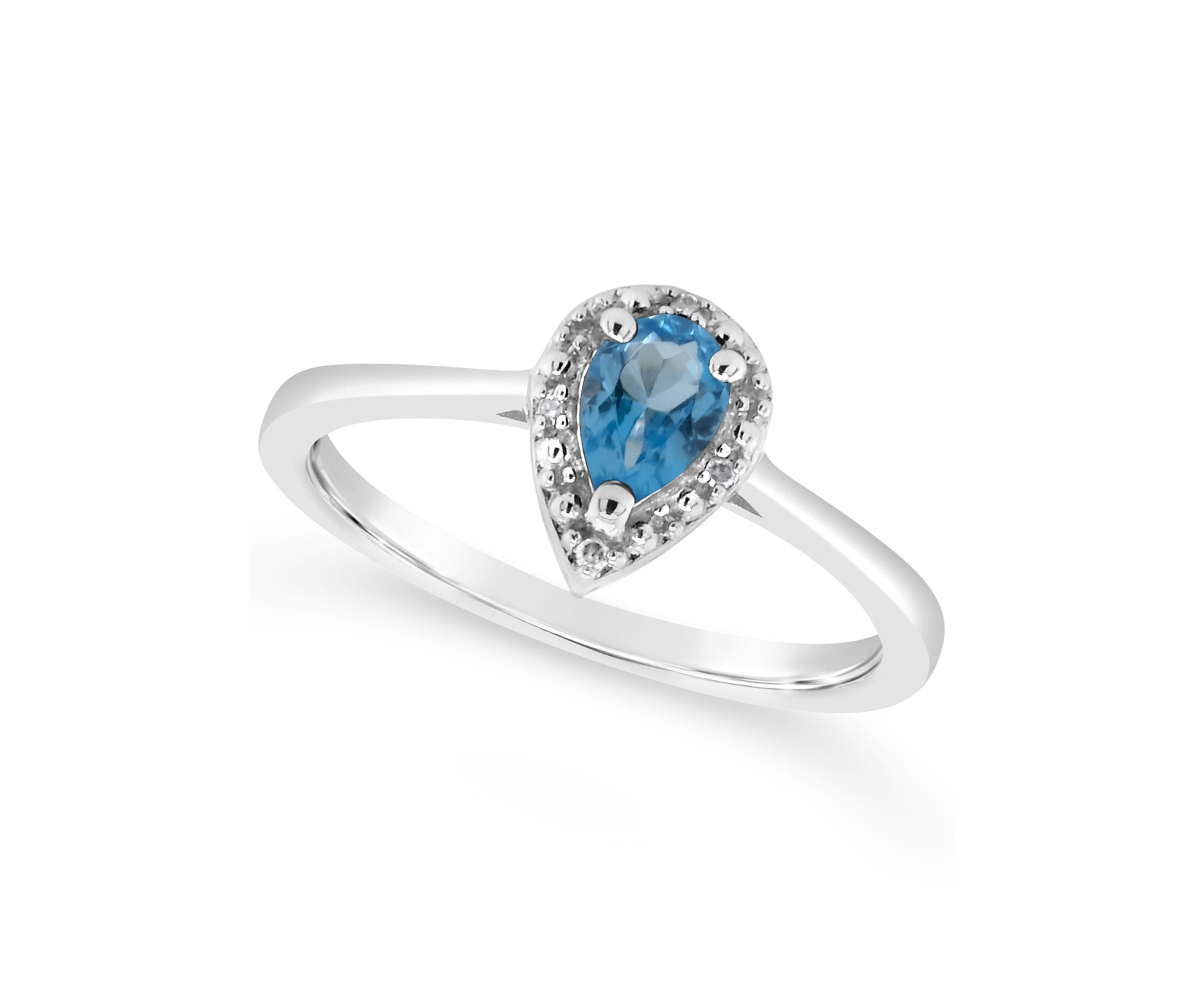 Sterling Silver 6x4mm Pear Shaped Blue Topaz Diamond Accent Halo Ring
