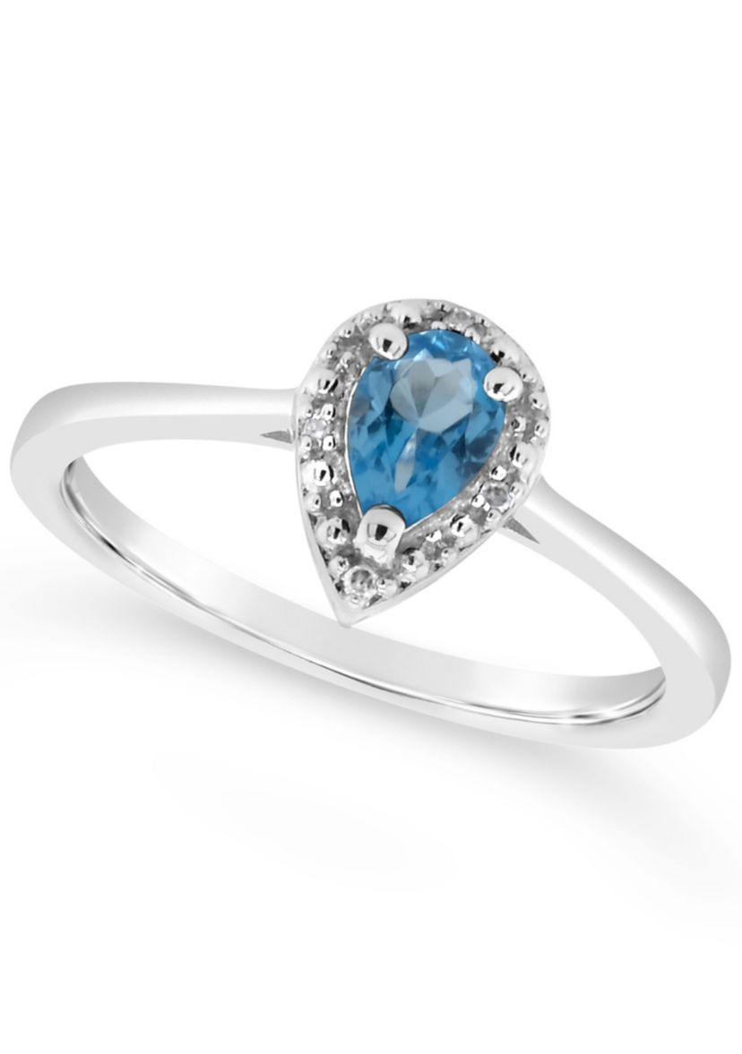 Sterling Silver 6x4mm Pear Shaped Blue Topaz Diamond Accent Halo Ring