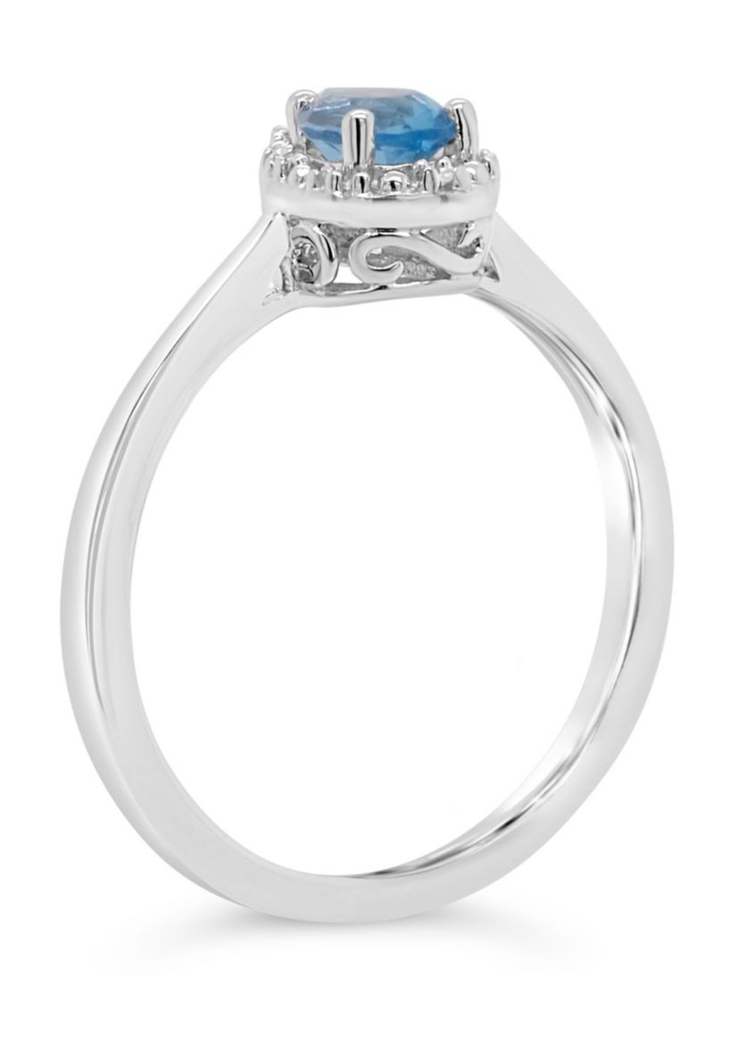 Sterling Silver 6x4mm Pear Shaped Blue Topaz Diamond Accent Halo Ring
