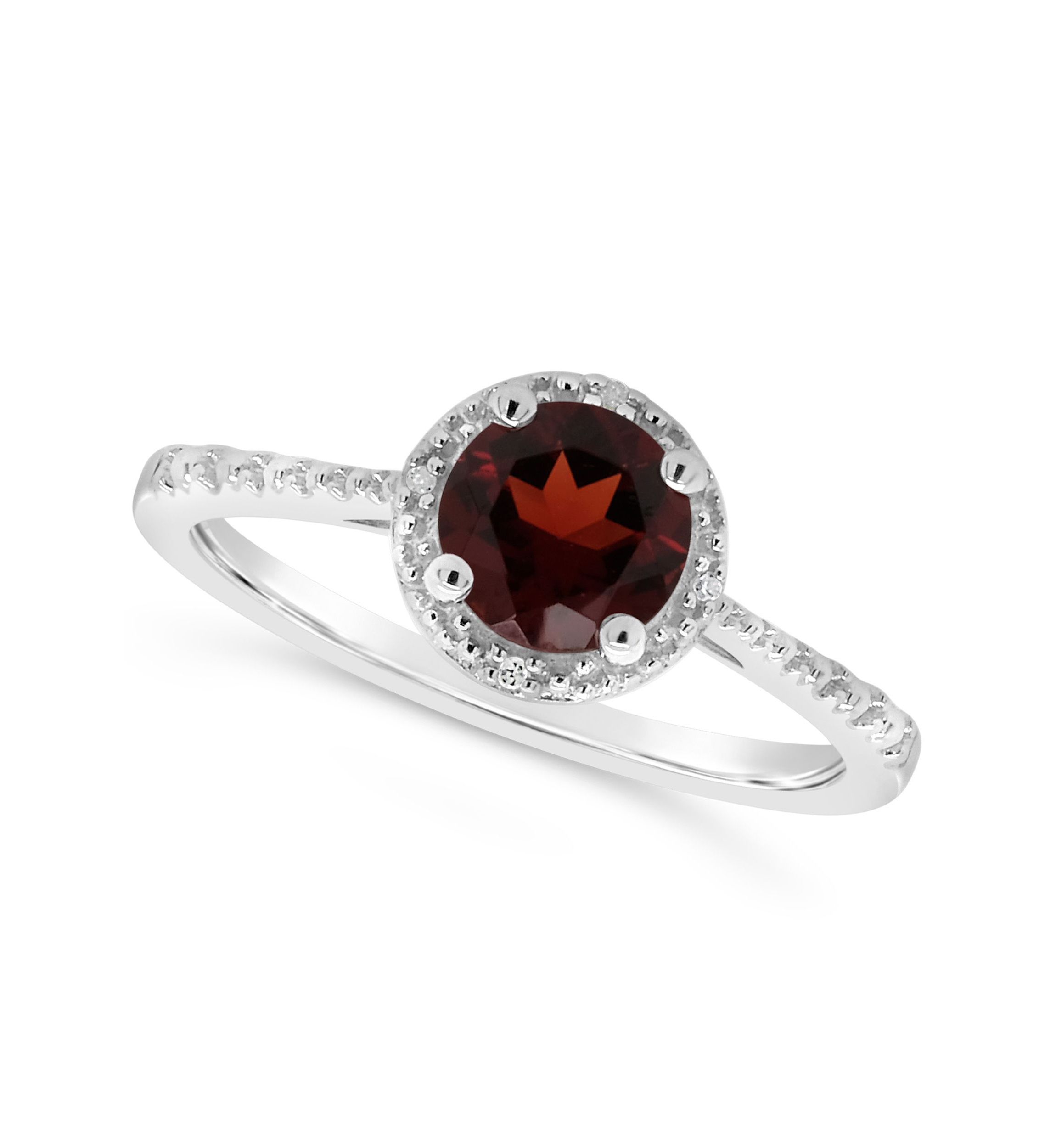 Sterling Silver 6mm Round Garnet Diamond Accent Halo Ring