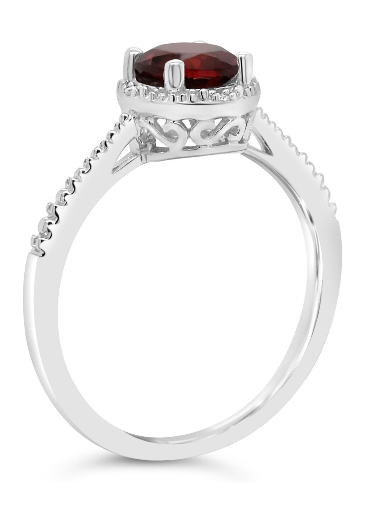 Sterling Silver 6mm Round Garnet Diamond Accent Halo Ring