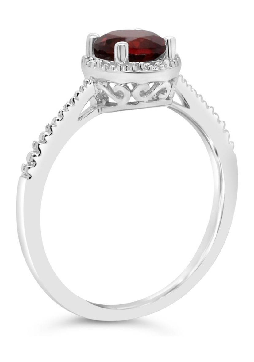 Sterling Silver 6mm Round Garnet Diamond Accent Halo Ring