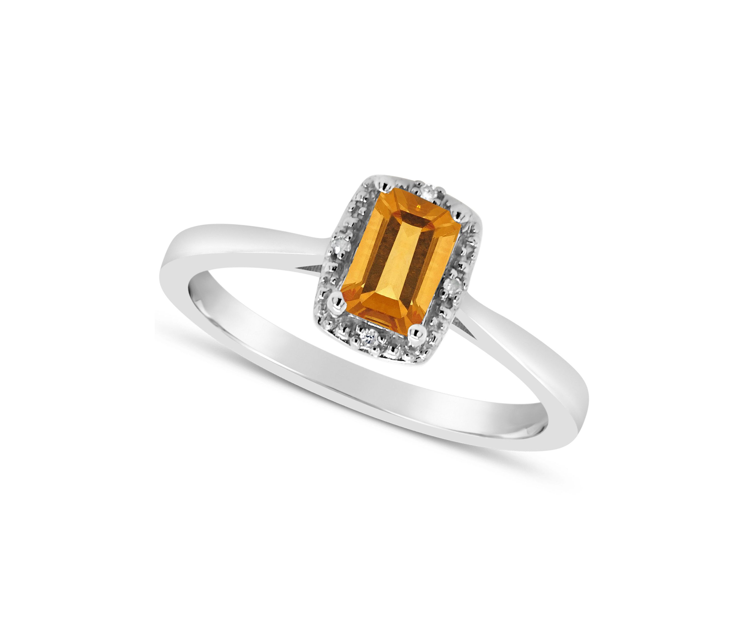Sterling Silver 6x4mm Emerald Cut Citrine Diamond Accent Halo Ring
