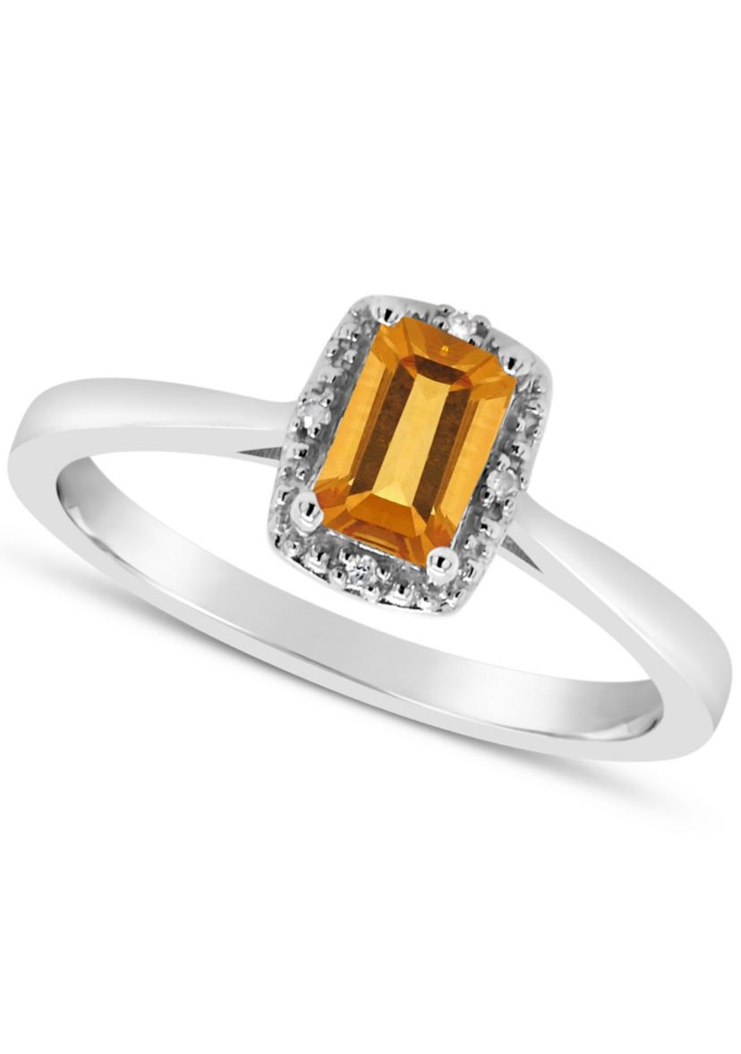 Sterling Silver 6x4mm Emerald Cut Citrine Diamond Accent Halo Ring