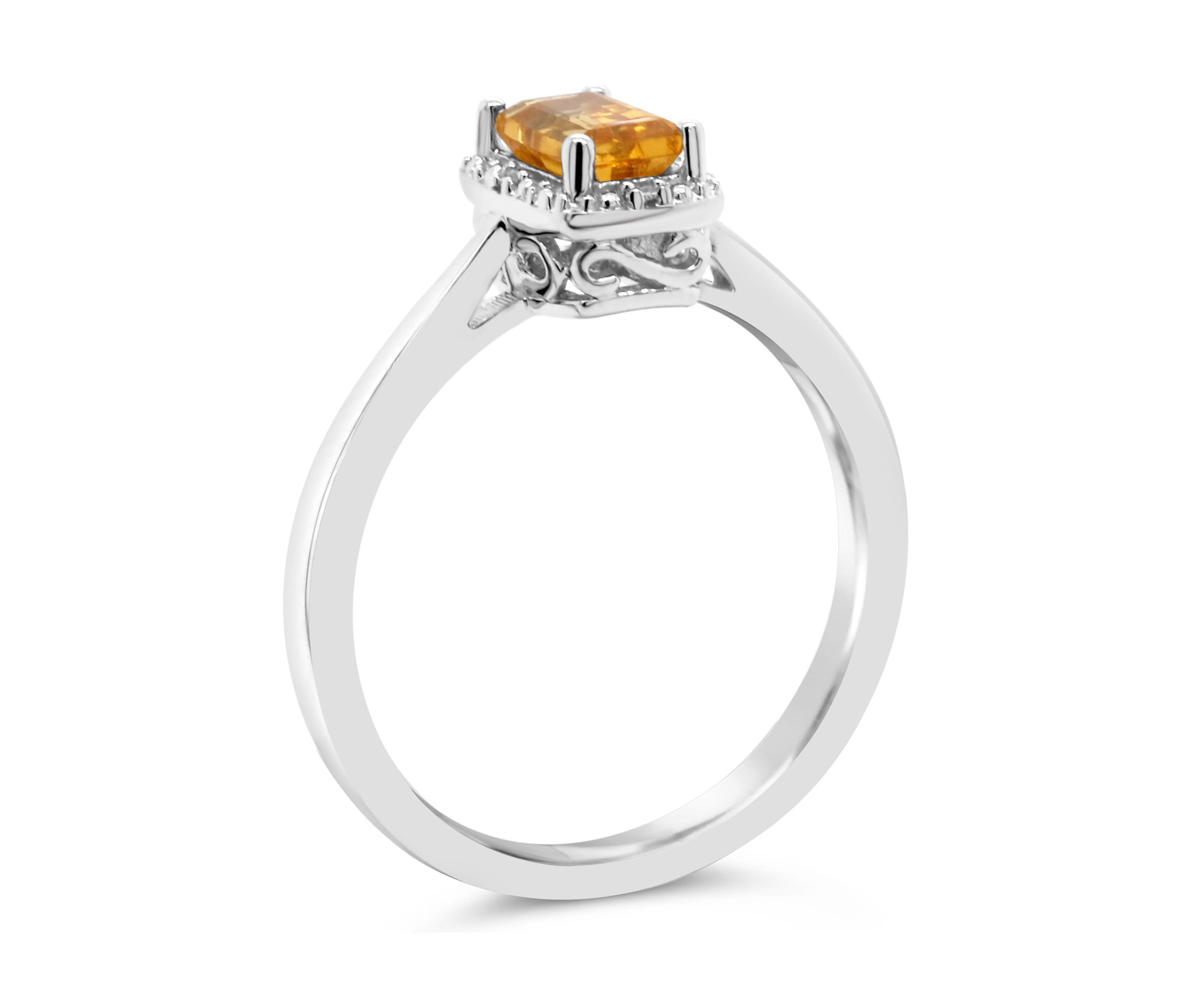 Sterling Silver 6x4mm Emerald Cut Citrine Diamond Accent Halo Ring