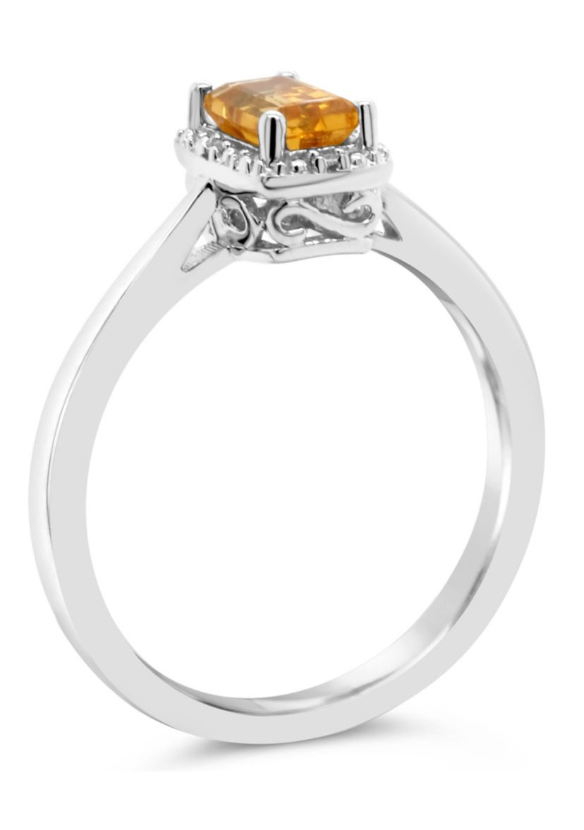 Sterling Silver 6x4mm Emerald Cut Citrine Diamond Accent Halo Ring